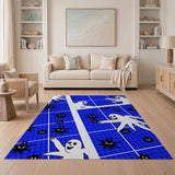 Playful Cartoon Ghosts on Blue Grid Area Rug