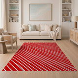 ODIKA Red & White Diagonal Striped Washable Area Rug - Low Pile Non-Slip Modern Home Decor