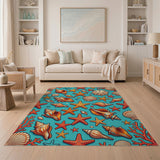 Vibrant Seashell Starfish Teal Coastal Rug