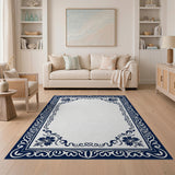 Navy Blue Ornate Floral Border Rug