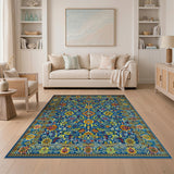 Vibrant Blue Persian Area Rug with Multi-Color Florals