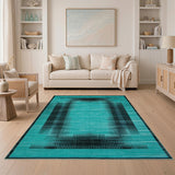 Geometric Modern Blue and Teal Teal Black Geometric Abstract Area Rug