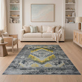 Distressed Grey Mustard Yellow Southwestern Rug