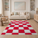 Red White Scalloped Checkered Area Rug