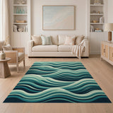 Blue and Teal Teal Blue Cascading Waves Area Rug