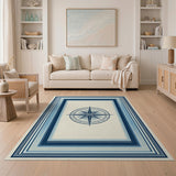 ODIKA Nautical Compass Rose Washable Area Rug, Blue and Cream Low Pile Non-Slip Coastal Carpet