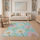Teal Blue Pink Flower Floral Area Rug