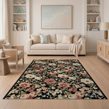 Vintage Pink Peony Floral Area Rug on Black