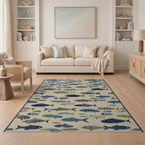 Blue Teal Fish School Coastal Area Rug