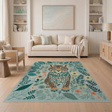 Whimsical Jaguar Cub Floral Jungle Area Rug