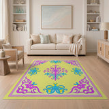 Vibrant Yellow Area Rug with Pink Blue Floral Borders