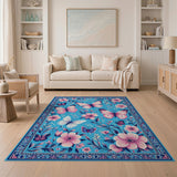 Boho Pink Butterfly Floral Blue Area Rug