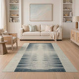 Navy Geometric Stripe Area Rug on Beige