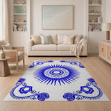 Blue Sunburst Mandala Rug with Ornate Floral Borders