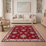 Festive Red Snowflake Area Rug with Ornate Vintage Border