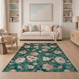 Emerald Green Pink Blossom Floral Area Rug