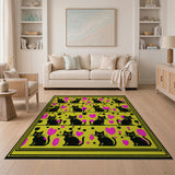 Whimsical Black Cats Pink Hearts Yellow Area Rug