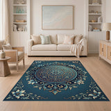 Ornate Teal Gold Medallion Persian Rug