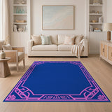 Navy Blue Area Rug with Pink Geometric Border