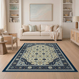 Navy Persian Area Rug with Gold Floral Motifs