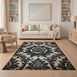 Distressed Black Rose Damask Area Rug