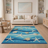Coastal Blue Seashell Starfish Ocean Waves Rug