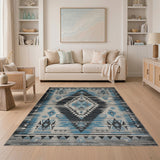 Distressed Blue Teal Southwestern Geometric Rug