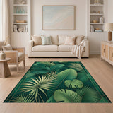 Emerald Green Monstera Palm Leaf Rug with Gold Accents