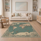 Vintage World Map Teal Area Rug