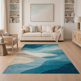 Teal Blue Layered Wave Abstract Area Rug