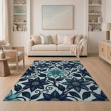 Navy Teal Clematis Floral Area Rug