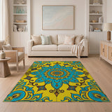 Multi-color and Patterns Teal Mandala Persian Area Rug on Yellow