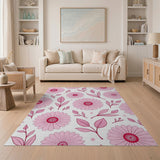 Floral Vintage Whimsical Pink Daisy Floral Area Rug