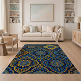 Navy Blue Persian Tile Pattern Area Rug with Gold Florals