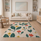 Beige Green Leaf Red Flower Pattern Rug