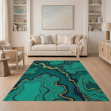 Teal Gold Veined Marble Abstract Area Rug