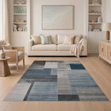 Blue Teal Grey Geometric Patchwork Area Rug