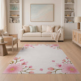 Pink Pink Cherry Blossom Floral Border Rug