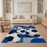 ODIKA Washable Soccer Ball Blue Geometric Area Rug, Non-Slip Low Pile Sports Carpet for Kids Playroom