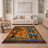 Vibrant Blue Elephant Savanna Tribal Rug