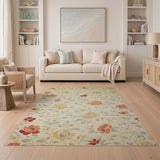 Beige and Neutral Cream Floral Vintage Area Rug with Red Blooms