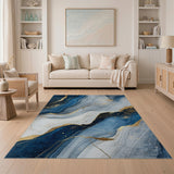 Indigo Blue Gold Vein Abstract Area Rug