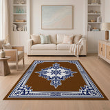 Ornate Blue Persian Area Rug on Brown Field