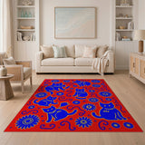Playful Blue Cats and Daisies Red Area Rug