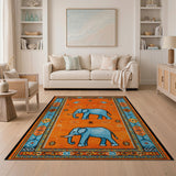 Blue Elephant Persian Area Rug on Orange