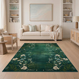 Green Emerald Green Floral Vintage Area Rug
