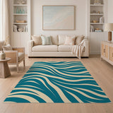 Teal and Beige Wavy Abstract Area Rug