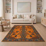 Vibrant Orange Persian Area Rug with Navy Blue Motifs