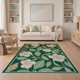 Emerald Green Floral Area Rug with White Blooms