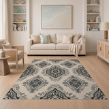 Black Damask Motif Beige Area Rug